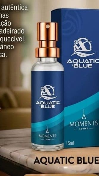 Frasco e caixa do perfume de bolso Aquatic Blue da Moments Paris, fragrância aromático e fougère.