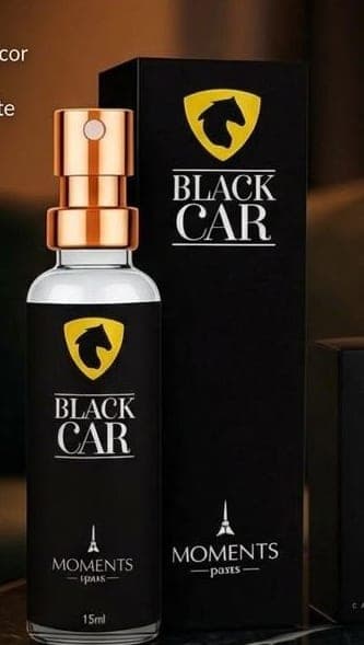 Frasco e caixa do perfume de bolso Black Car da Moments Paris, fragrância aromático e fougère.