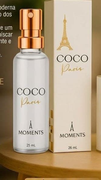Frasco e caixa do perfume de bolso Coco Paris da Moments Paris, fragrância chipre e frutal.