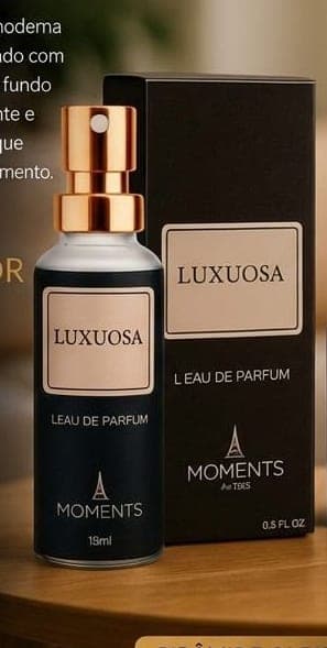 Frasco e caixa do perfume de bolso Luxuosa da Moments Paris, fragrância floral e oriental.