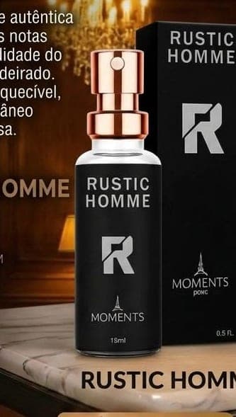 Frasco e caixa do perfume de bolso Rustic Homme da Moments Paris, fragrância aromático e fougère.