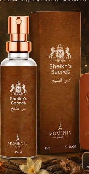 Frasco e caixa do perfume de bolso Sheikh's Secret da Moments Paris, fragrância árabe e oriental e gourmand.