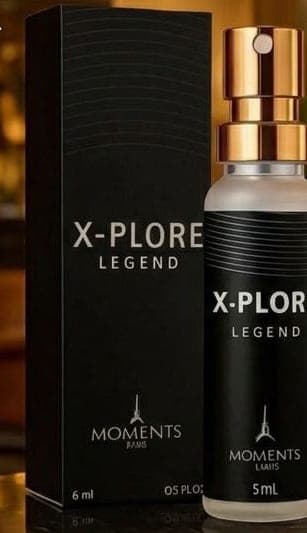 Frasco e caixa do perfume de bolso X-Plore da Moments Paris, fragrância aromático e fougère.